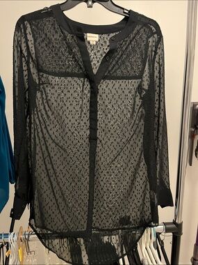 Merona Black Sheer Dot-Print Button Blouse
